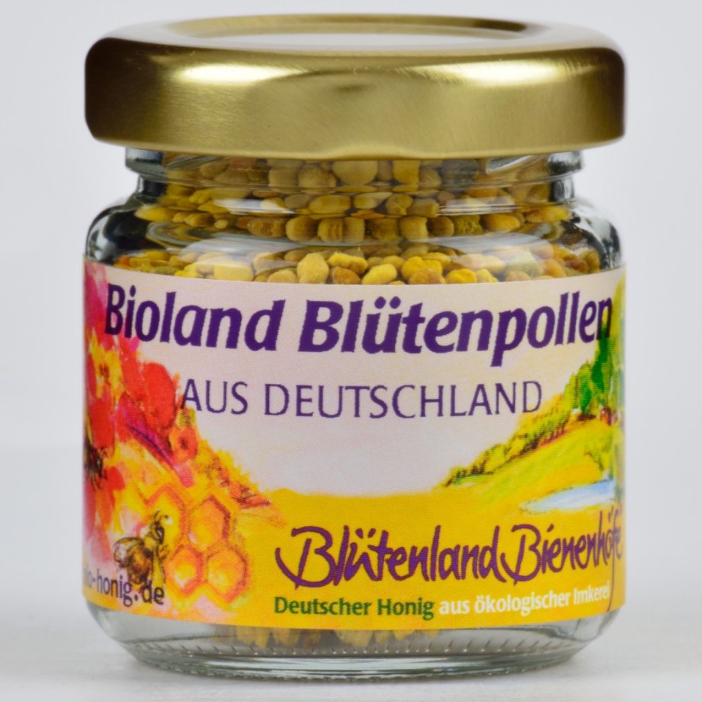 30 g Glas von Bioland Blütenpollen. Zu sehen im schönen Etikett und von außen sichtbar der wertvolle Pollen.