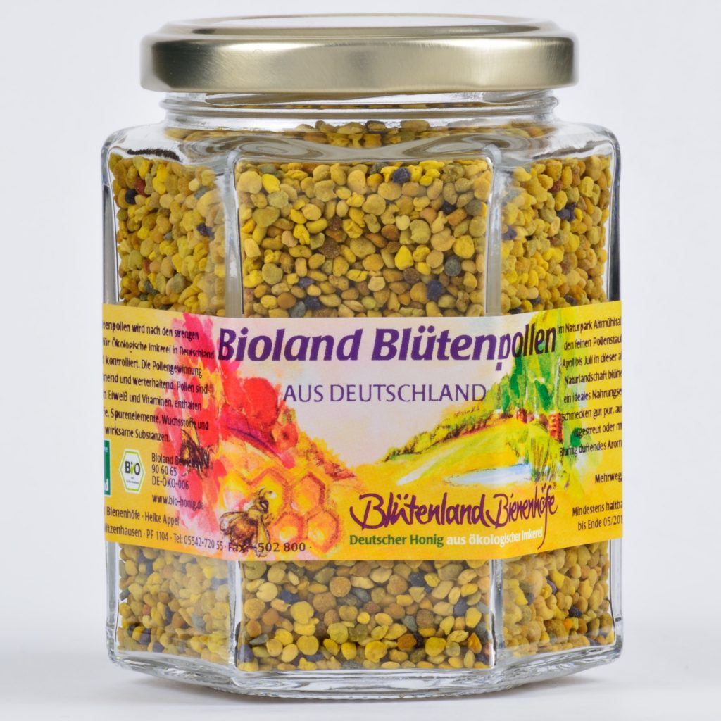 160 g Glas von Bioland Blütenpollen. Zu sehen im schönen Etikett und von außen sichtbar der wertvolle Pollen.