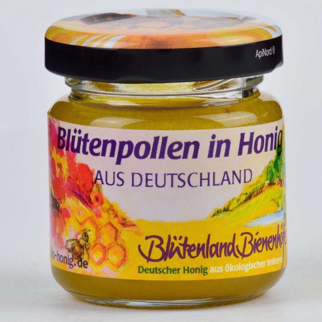 60 g Glas von Bioland Blütenpollen in Honig. Zu sehen im schönen Etikett und von außen sichtbar die köstliche goldene Honigmischung.