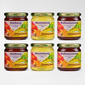 Grosses Set flüssiger Honig: 2x500 g Akazienhonig, 2x500 g Waldhonig, 2x500 g Weisstannenhonig