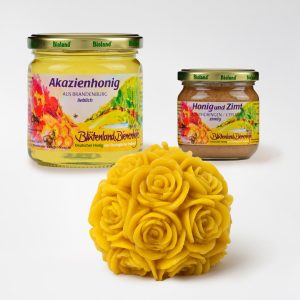 Set "Zum Mitbringen im Herbst": Akazienhonig 500g, Honig&Zimt 250 g, Bienenwachskerze "kleine Rosenkugel"
