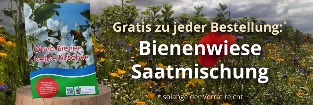 Ein Tütchen mit Samen für Bienenfreundlichen Blumen wird präsentiert. Der Titel besagt, dass es zu jeder Bestellung gratis ein Tütchen beigelegt wird.